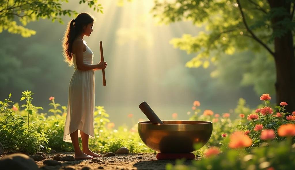 A  is striking a singing bowl.，Lovely environment