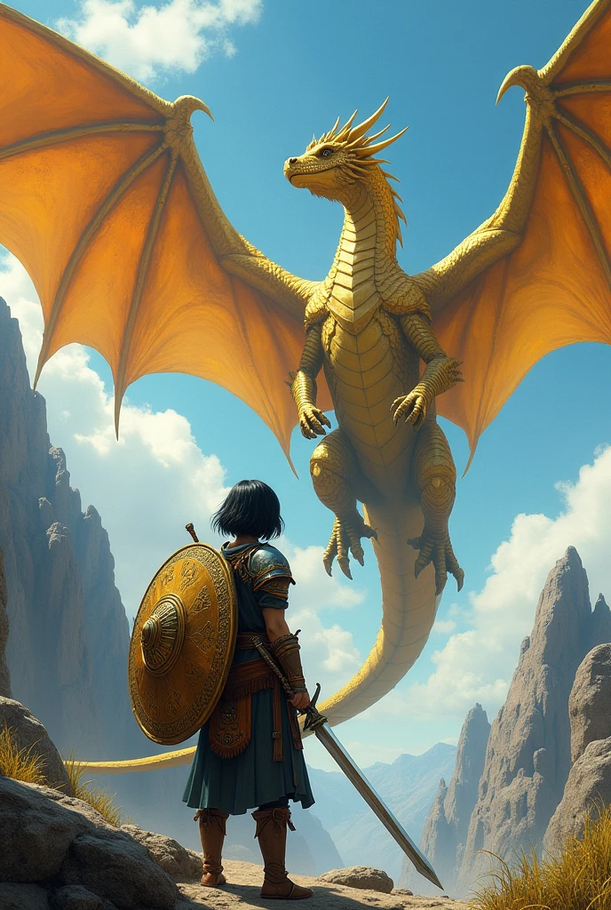 Elfa, a warrior with short black hair
Wearing a kite shield and sword
Facing a golden dragon