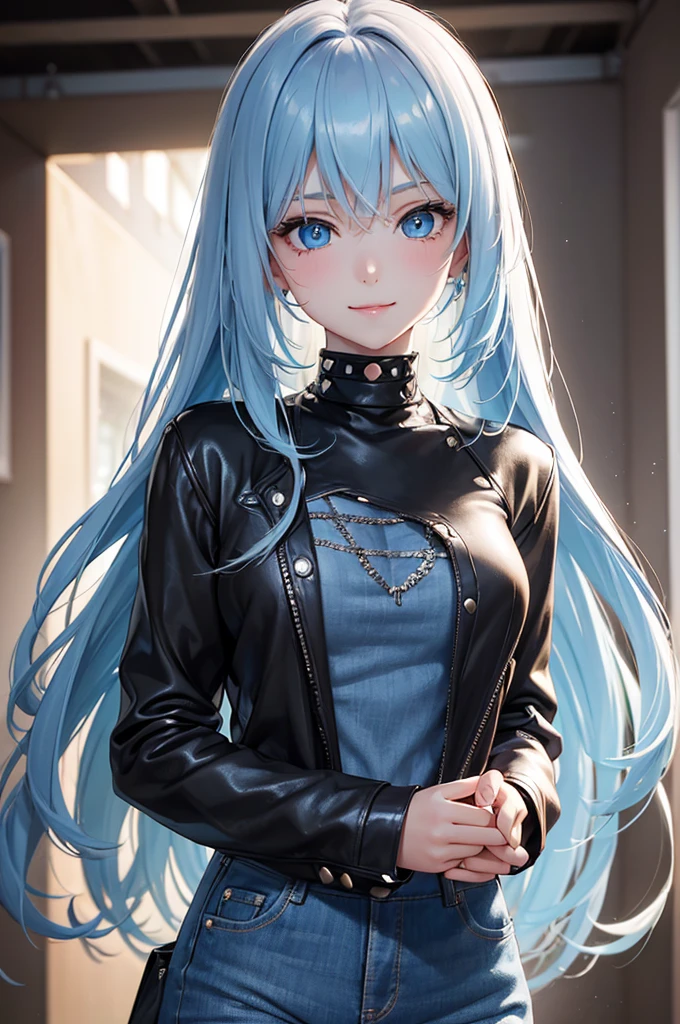 Best Quality,High resolution,8k,(plain white background, no patterns, no textures, just a plain white background),Masterpiece:1.2),beautiful girl,Shiny light blue hair,messy hair,Light blue eyes,A girl wearing a black leather jacket with metal studs, ripped jeans, and a band T-shirt, embodying a rebellious rock style,Gentle look,A refreshing look,smile,Best quality,Best Quality,Aesthetic and aesthetic:1.2,Best details((Super detailed))(High-definition CG illustrations),Slender body,smile,blush,cute,Scrounge,Looking up,Being spoiled,super model