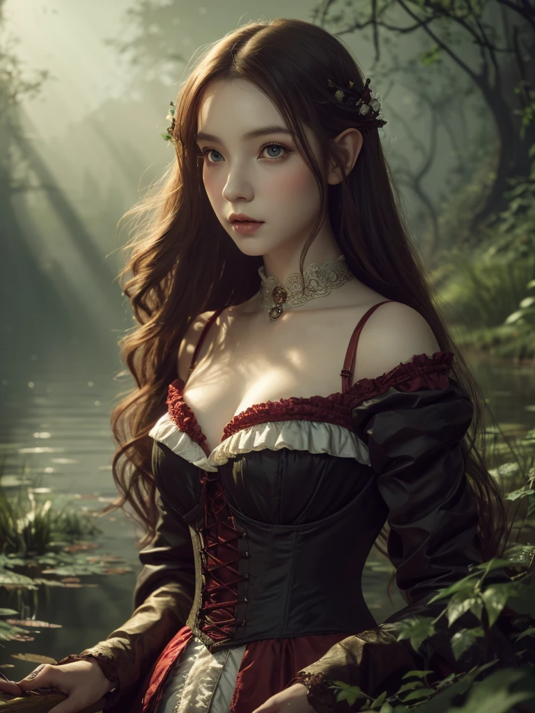 a redheaded asian elf girl in a river (under water), long and EXTREMELY SILKY HAIR, elegant wine red 1860's elf dress, black corset, very big tits, beautiful detailed eyes and lips, 1860's clothes,  dense lush forest, dark colors, lake, dramatic lighting, rich colors, intricate details, fantasy, dark academia, 1860's style, (best quality,4k,8k,highres,masterpiece:1.2),ultra-detailed,(realistic,photorealistic,photo-realistic:1.37),magical fantasy atmosphere,concept art