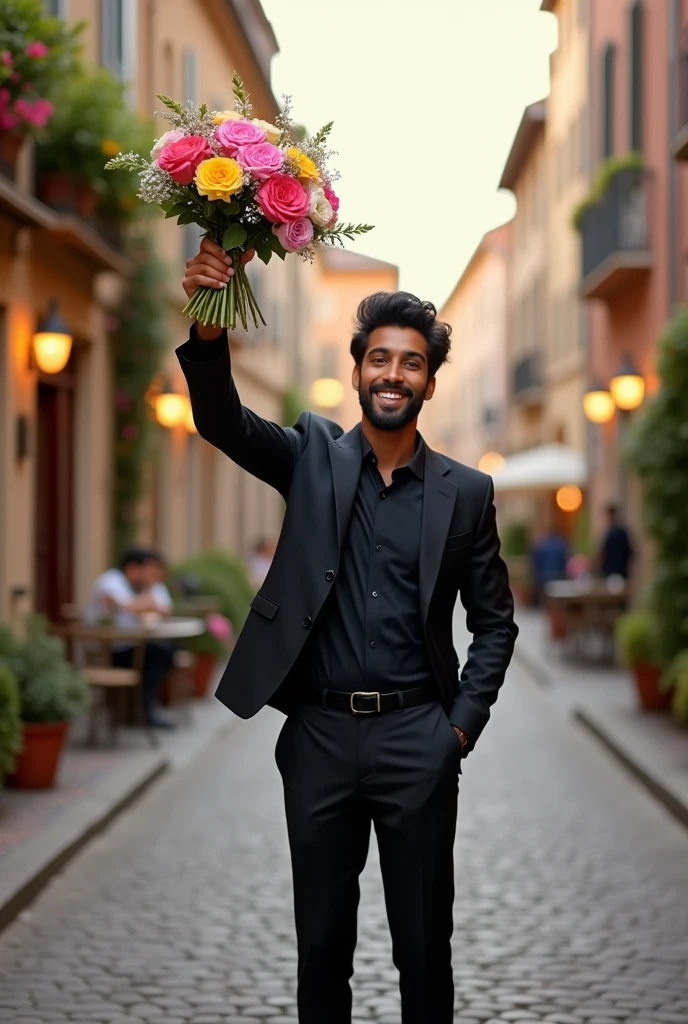 Imagine a small, delicate figure of a young Indian man dressed in a sharp black suit. He stands on a quaint, cobblestone street in a picturesque French town. The setting is charming, with old-world architecture, quaint cafés, and colorful flowers lining the sidewalks. The man holds a vibrant bouquet of mixed flowers, adding a pop of color to the scene. His expression is warm and friendly, complementing the serene ambiance of the town.
