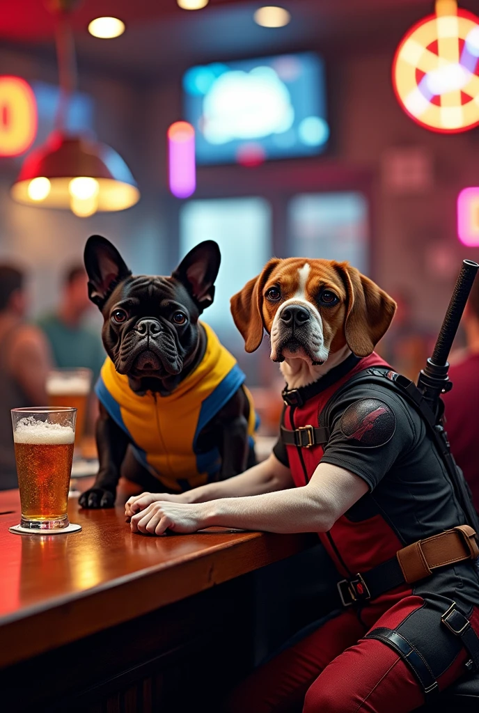 A French Bulldog dressed as Wolverine sitting on the counter with a glass of ice-cold beer to his left. A brown and white beagle dressed as Deadpool with two katanas on his back and an automatic pistol on the counter sitting in a bar with people having fun.