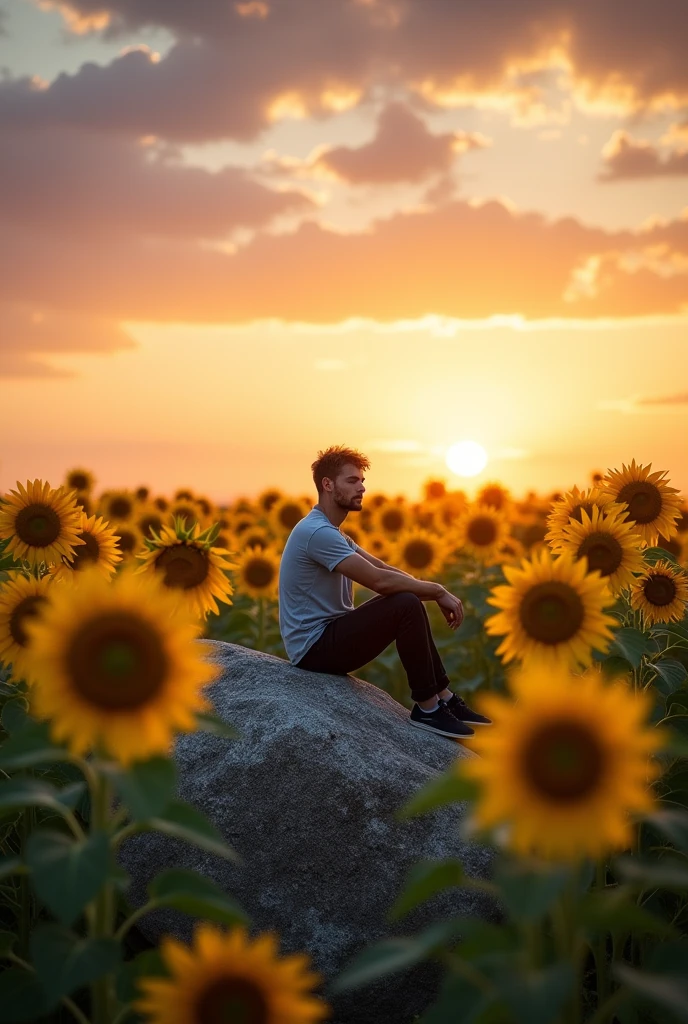 man sitting on a rock in the sunflower field during a sunset 
make the man more smaller and he should be sitting inside the field