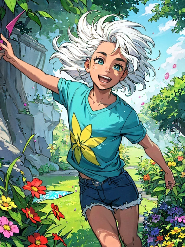 In a garden, a boy with beautiful detailed eyes, bright smile, and messy hair is playing with a colorful kite. He is wearing a vibrant blue T-shirt and denim shorts. The garden is filled with vibrant flowers and lush greenery. The boy's face radiates joy and excitement as he runs through the grass, feeling the wind on his face. The scene is captured in a realistic and vivid style, with ultra-detailed features and sharp focus, showcasing the best quality of the artwork. The colors are vibrant and the lighting evokes a warm and cheerful atmosphere. The artwork is a masterpiece, with every detail carefully rendered. chan water droplets and ice around , white hair, short stature, pleasant environment, super detailed, high quality