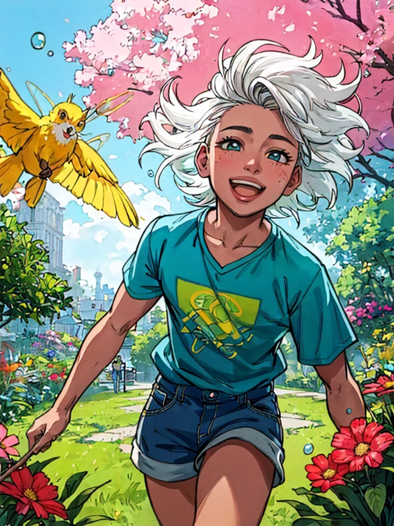 In a garden, a boy with beautiful detailed eyes, bright smile, and messy hair is playing with a colorful kite. He is wearing a vibrant blue T-shirt and denim shorts. The garden is filled with vibrant flowers and lush greenery. The boy's face radiates joy and excitement as he runs through the grass, feeling the wind on his face. The scene is captured in a realistic and vivid style, with ultra-detailed features and sharp focus, showcasing the best quality of the artwork. The colors are vibrant and the lighting evokes a warm and cheerful atmosphere. The artwork is a masterpiece, with every detail carefully rendered. chan water droplets and ice around , white hair, short stature, pleasant environment, super detailed, high quality