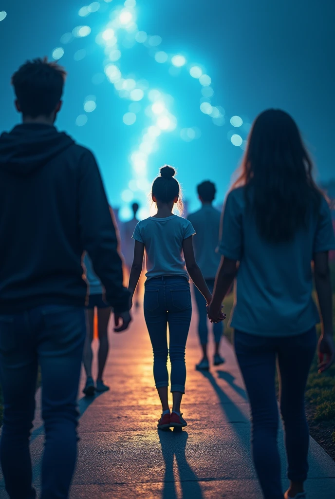 I want a pic of a girl leadening small group of people by holding hands to a bright future and dont show any face its should behind pic, and pic should allign with caption bold step to bright future and caption should be written in pic too and make it in blue colot shades add make a people older as twenties and some in the light show cinfident victiry wisdom