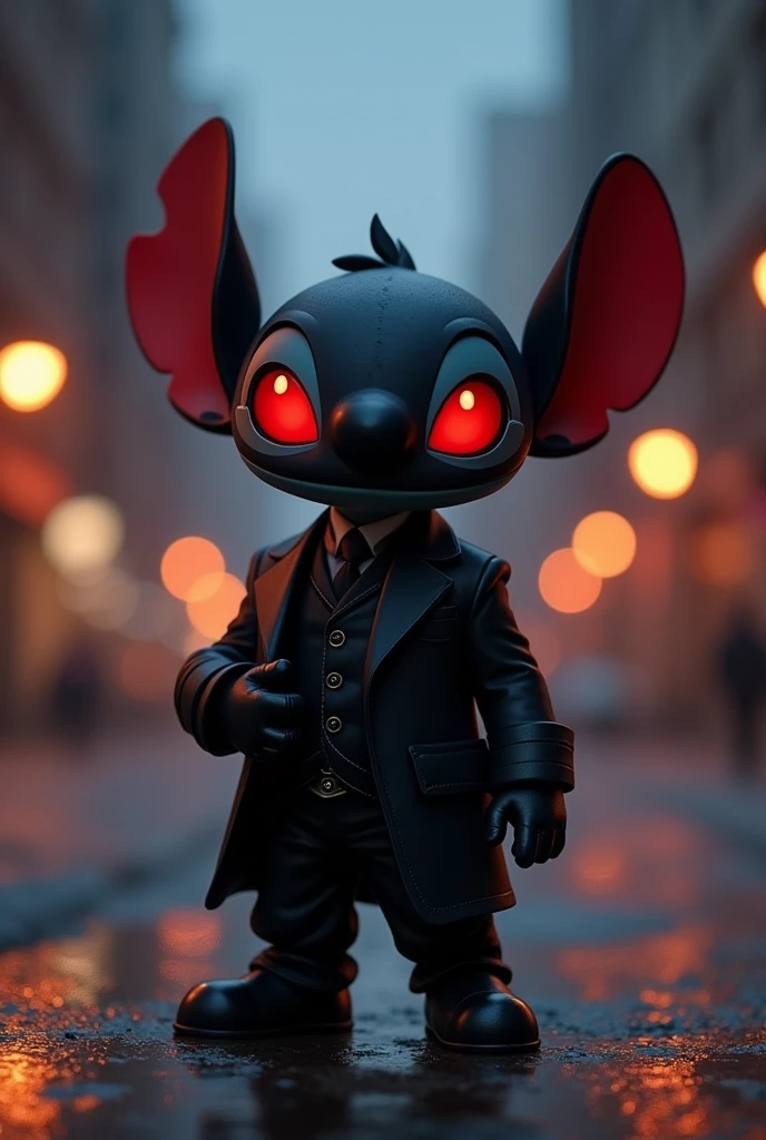 Height: Short and compact.
head: A head similar to Stitch, but with black skin and bright red eyes.
tenue: Wear an elegant suit, with a classic and sophisticated style, In the black color, and black gloves that accentuate its mysterious look.
pants: Black and fitted, complementing the suit.