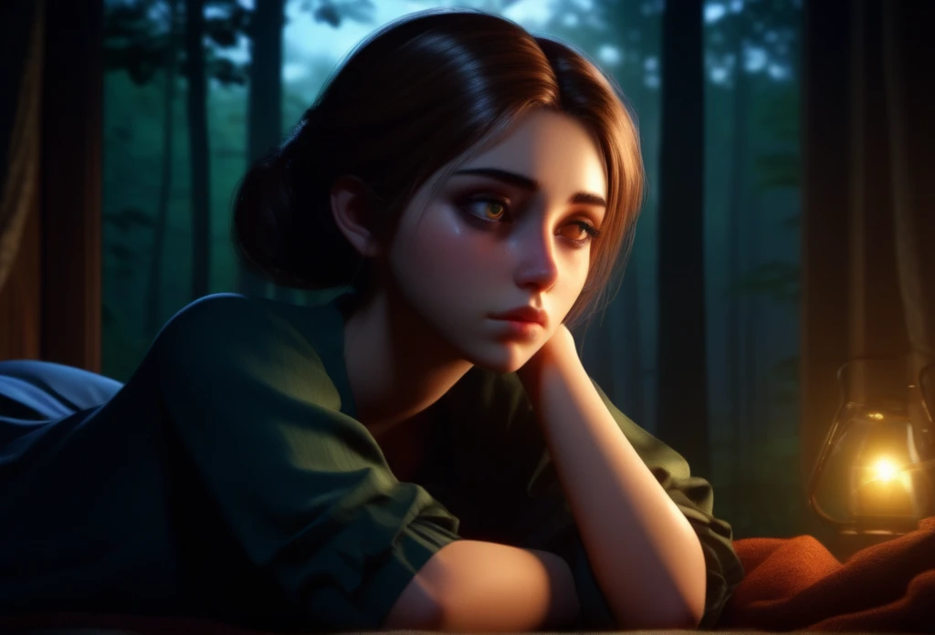 3D anime
a young woman
sleepy smoky eyes beautiful ,
cozy, lying in a room with a view of a forest
dark art , dim light, rim light, dark shadows, dramatic lighting,