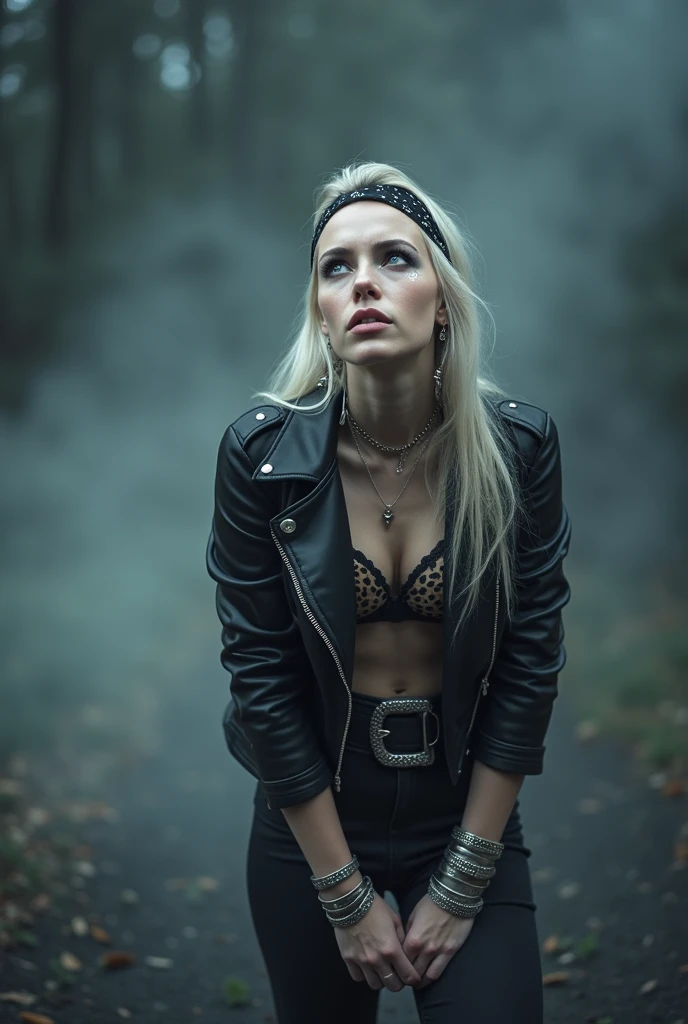 russian woman, platinum blonde hair with black parsley bandana, with very light blue eyes, pale, heavy eye shadows. Sad face, smeared make up, runny mascara. Wearing black moto jacket, leopard print bra, black skinny jeans and black snakeskin cowboy boots . Lots of metallic braceles and collars. Tacky leather belt with oversized buckle. Wide loop earrings. Scared face full of repentance. She thinks she is seeing God