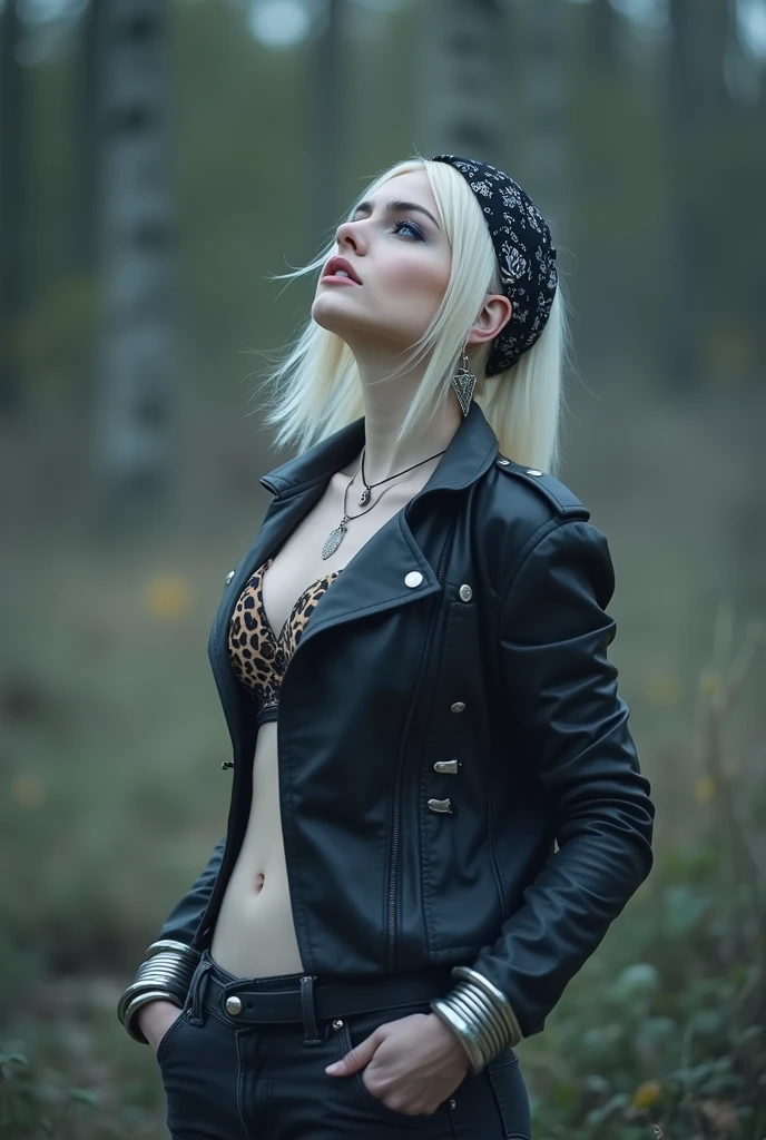 russian woman, platinum blonde hair with black parsley bandana, with very light blue eyes, pale, heavy eye shadows. Sad face, smeared make up, runny mascara. Wearing black moto jacket, leopard print bra, black skinny jeans and black snakeskin cowboy boots . Lots of metallic braceles and collars. Tacky leather belt with oversized buckle. Wide loop earrings. Scared face full of repentance. She thinks she is seeing God