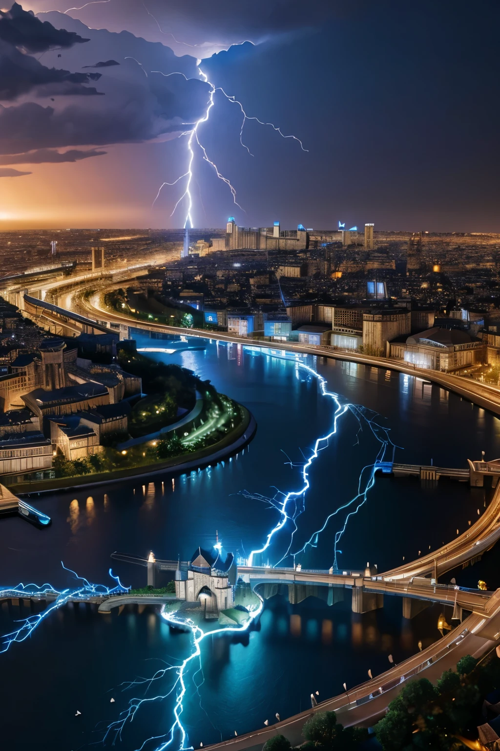 Blue lightning striking a medieval city, (extremely detailed CG unified 8k wallpaper), highly detailed, masterpiece, (HDR)(wallpaper) (Film lighting)(Sharp focus), (extremely detailed CG unity 8k wallpaper), (best quality)