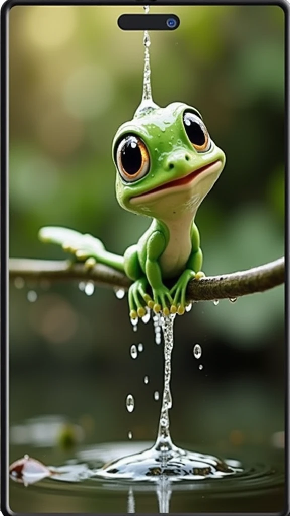 a close up of a green frog with a water drop on its head, a digital rendering by Cherryl Fountain, pixabay contest winner, digital art, character is covered in liquid, covered in water drops, water dripping off him, its name is greeny, mobile wallpaper, green rain, 🍸🍋, accurate depiction, water droplets, telegram sticker