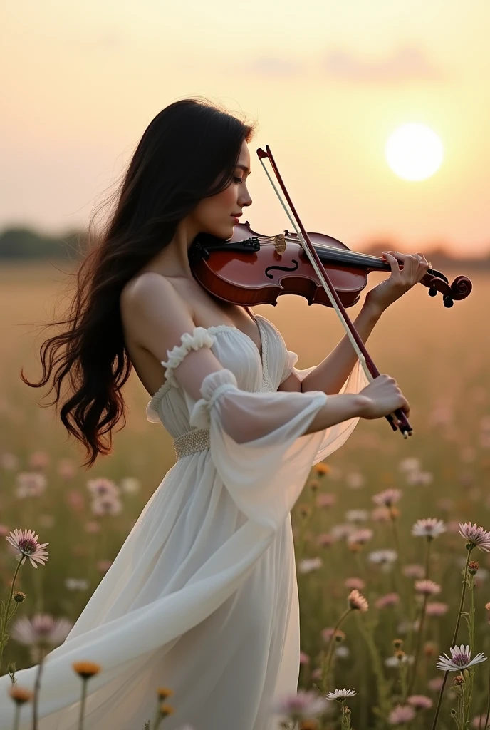 a woman with black long hair playing violin, white dress,