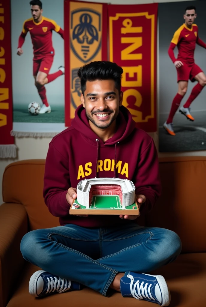realistic photo of an Indonesian man in his 30s in a room wearing a maroon hoodie with the words "AS ROMA". wearing jeans, blue Converse shoes. holding a miniature football stadium. behind him is a scarf with the writing "AS ROMA'. There is a poster of the football team and players with AS Roma jerseys.
full hd