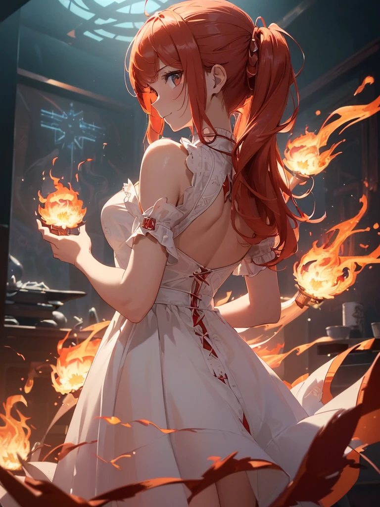 (((best quality, sharp image, clear image, cinematic lighting, 8k resolution, masterpiece, ultra detailed, intricate))) Girl, (((looking over left shoulder))), (shot from behind), ((half shot)), fiery red hair, pigtails, ((white dress)), ((flaming sigils, flaming runes)), spiky rock formations, (flaming lotus flowers frame), (intricate background), ((Phoenix)), (swirling flames), smiling