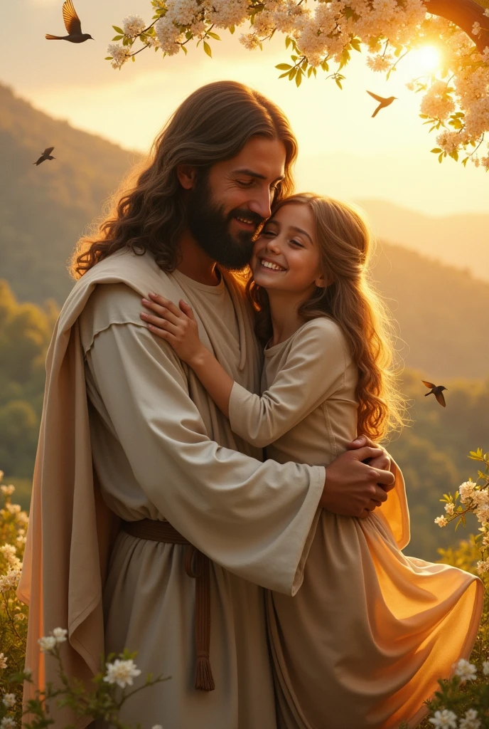 Create an image of Jesus Christ hugging his daughter