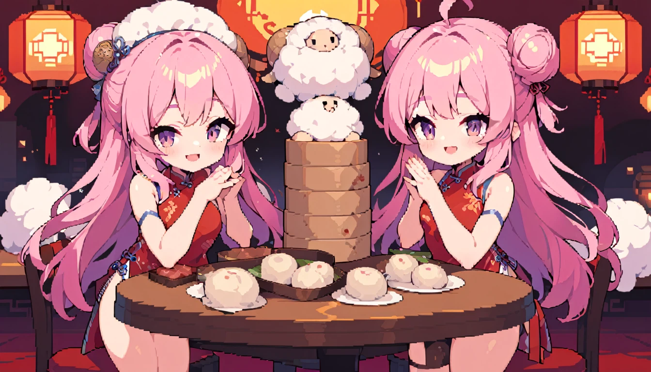 masterpiece, Highest quality, 8k, Pixel art, Pixel art, Vivid, One young woman, smile, cute, Turning at an angle, Open your mouth, Fluffy hair, Long Hair, Hair like sheep's hair, Pink Hair, eyebrow, 太いeyebrow, China dress, Chignon Cap, (Highest quality:1.0), (China Hotel), Holding a bamboo steamer in both hands, It contains meat buns, table, (Sheep-shaped lantern)