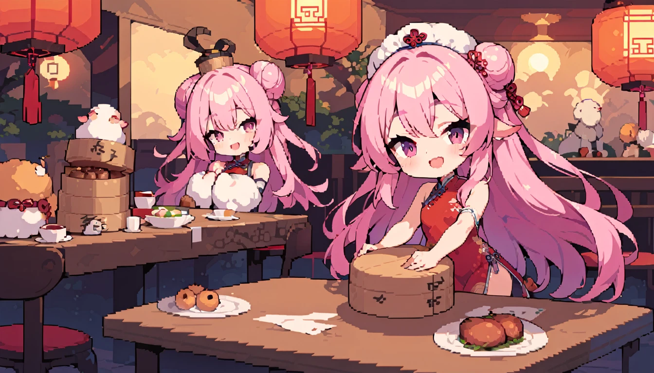 masterpiece, Highest quality, 8k, Pixel art, Pixel art, Vivid, woman, 若いwoman, smile, cute, Turning at an angle, Open your mouth, Fluffy hair, Long Hair, Hair like sheep's hair, Pink Hair, eyebrow, 太いeyebrow, China dress, Chignon Cap, (Highest quality:1.0), (China Hotel), Holding a bamboo steamer in both hands, It contains meat buns, Sheep shaped table, Sheep Chef