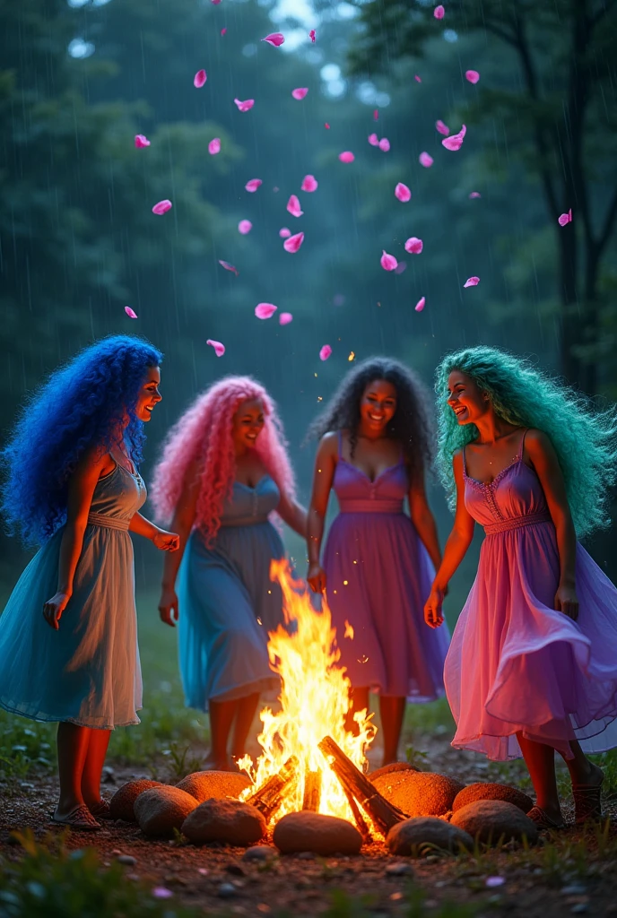 4 adult sisters with long curly colored hair, dancing around a bonfire with an air of magic and fine rain falling from the sky at night, rose petals