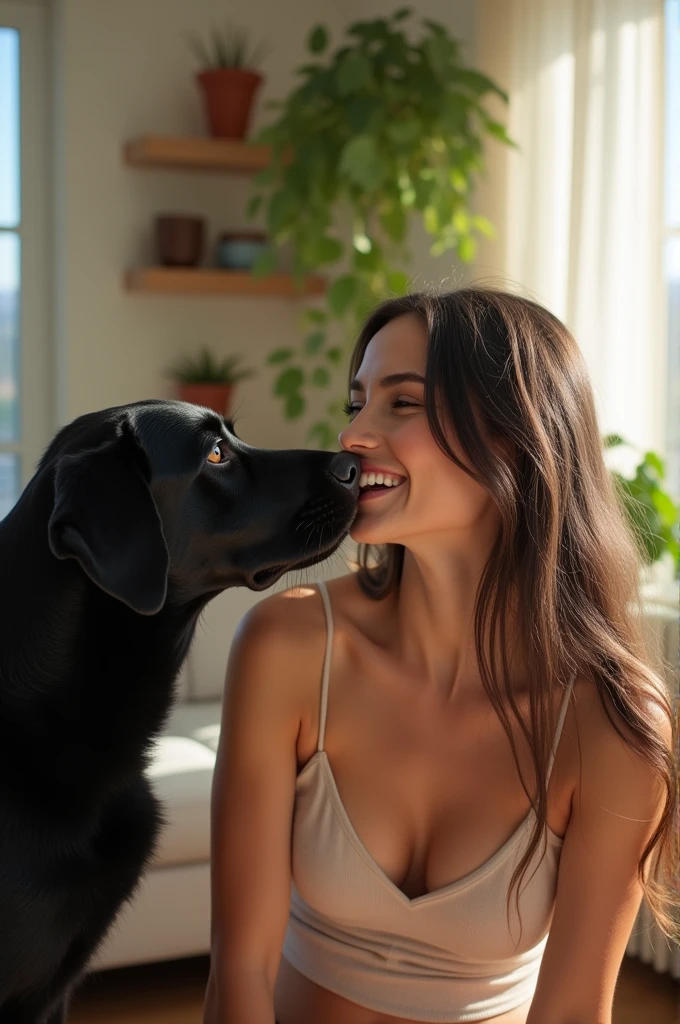 A muscular dog of black colour lick the breast of cute milf
