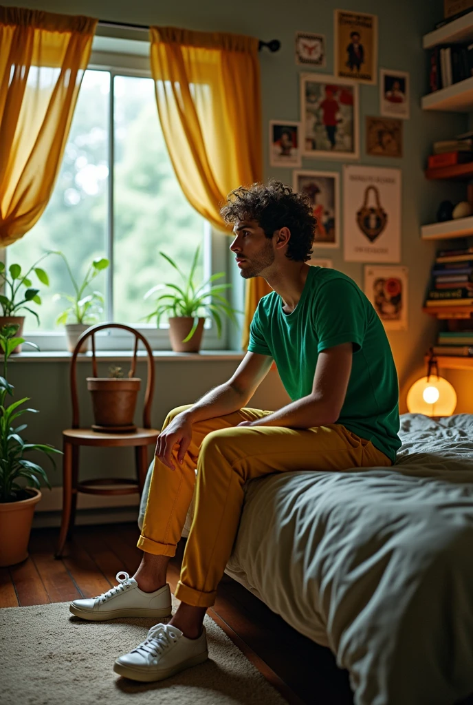 A person pondering their future in their bedroom wearing a green t-shirt, yellow Luis Vuitton pants and white shoes. 