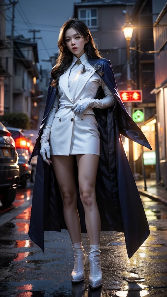 South korea asssassin's creed walk women mystery hooded on with modern royal Blue coat with long and wide sleeves with buttons and royal Blue cape and very high white heel over the knee and white gloves, As she reveals a small secret hidden blade coming from his palm , adding to the characters mysterious, with small movements of air on the cape, in summer at night under the rain, with buildings featuring curved eaves and detailed architecture. sophisticated and highly detailed, ultra hd, realistic, hyper detailed, enhanced colours, ultra sharp focus, with vibrant, rich in details High quality, gorgeous, captivating, 8k, super detailed, stunning shadows, detailed lines, blood stain on coat and gloves, corpses in the street recently murdered