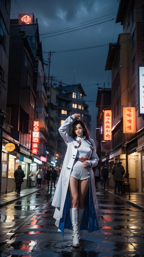 South korea asssassin's creed walk women mystery hooded on with modern royal Blue coat with long and wide sleeves with buttons and royal Blue cape and very high white heel over the knee and white gloves, As she reveals a small secret hidden blade coming from his palm , adding to the characters mysterious, with small movements of air on the cape, in summer at night under the rain, with buildings featuring curved eaves and detailed architecture. sophisticated and highly detailed, ultra hd, realistic, hyper detailed, enhanced colours, ultra sharp focus, with vibrant, rich in details High quality, gorgeous, captivating, 8k, super detailed, stunning shadows, detailed lines, blood stain on coat and gloves, corpses in the street recently murdered