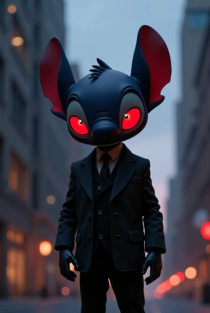 Height: Short and compact.
head: A head similar to Stitch, but with black skin and bright red eyes.
tenue: Wear an elegant suit, with a classic and sophisticated style, In the black color, and black gloves that accentuate its mysterious look.
pants: Black and fitted, complementing the suit.