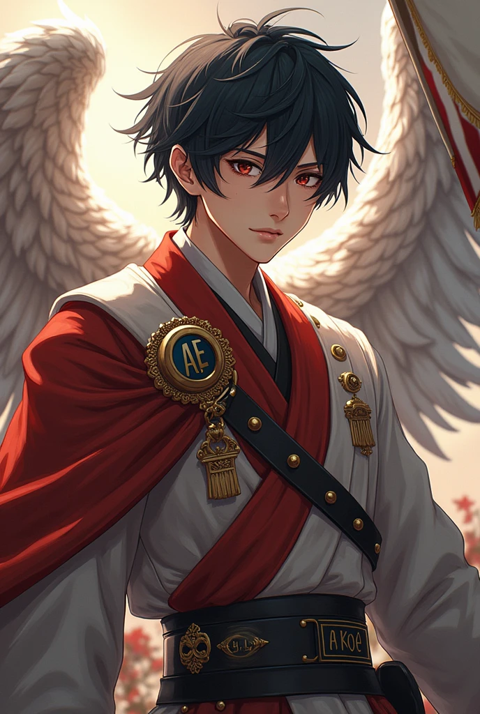 ((best quality)), ((masterpiece)), (detailed), perfect face. Create an epic piece of art featuring an angel of justice with short black hair that embodies the essence of a god of war and victory. He stands gracefully looking into the camera with a waving flag in his hand with "AoE" written on it. Next to him is a sign that says "King Kodo's Empire"