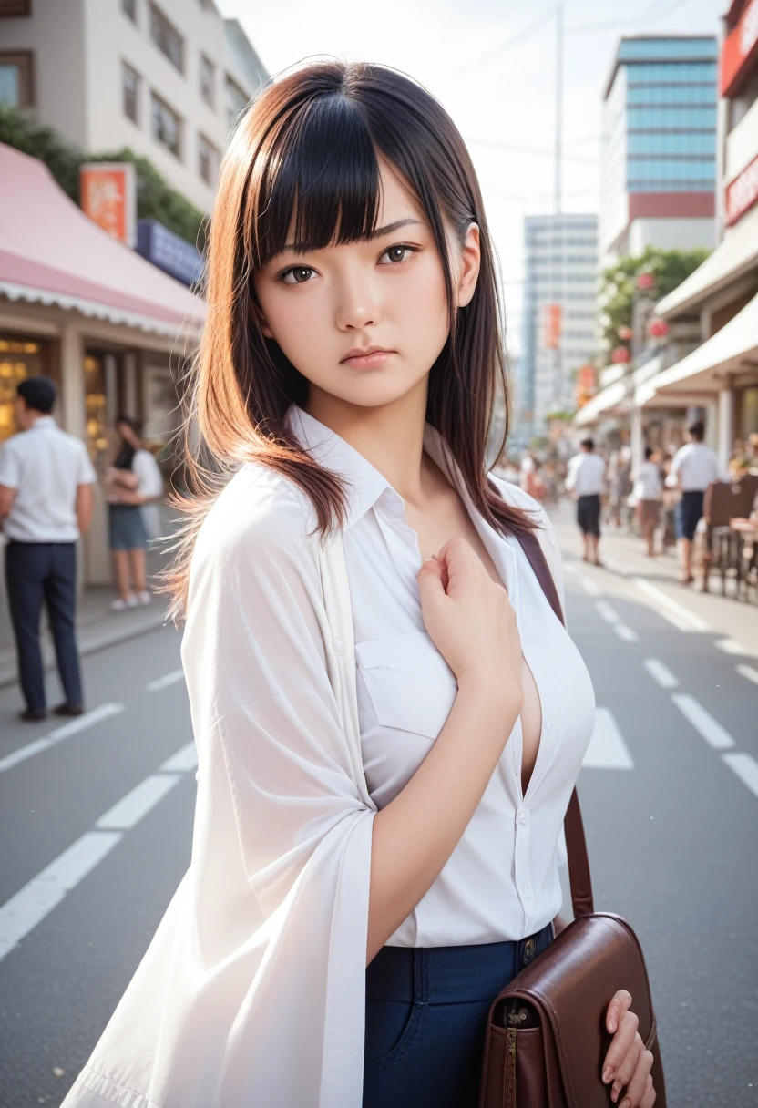 8k, raw photo, best quality, masterpiece, realistic, photo realistic, clear, professional lighting, beautiful face, best quality,ultra high res, realistic japanese beautiful, Super detailed, detailed fingers, solo,  1girl,  bangs, shiny hair, detailed hair, medium breasts, curvy, scenery,  casual wear, tokyo town, frustrated