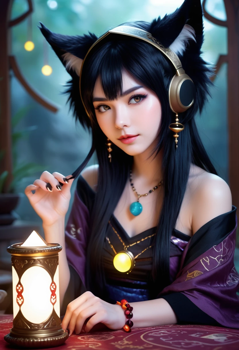 Monster Girl, Cat ear,20th Generation, fortune teller,Realistic Women, Black Hair,cute,astrologer