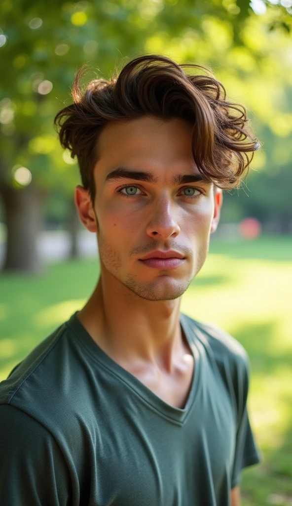A man with bright blue eyes, chestnut hair, Average complexion, a sculpted chin and an upturned nose
