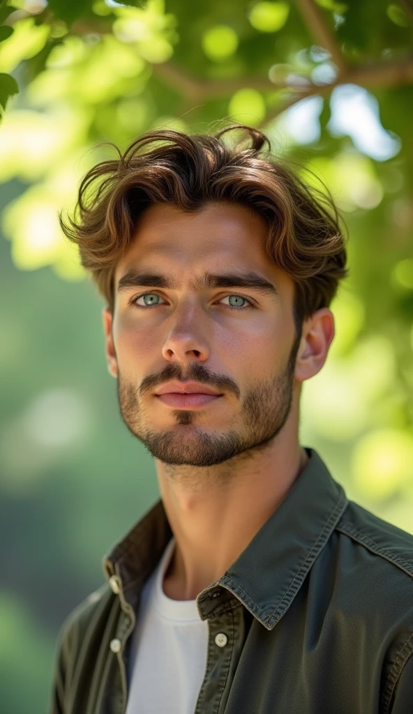 A man with bright blue eyes, chestnut hair, Average complexion, a sculpted chin and an upturned nose
