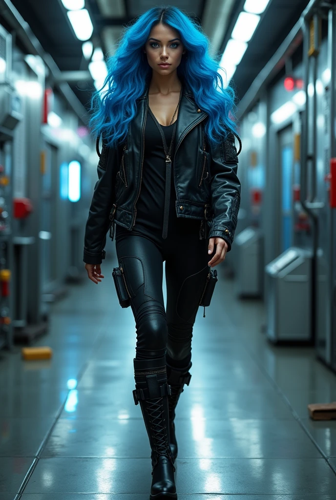 visão completa do corpo Seed full body view, blue haired brazilian Woman, beautiful face features, beautiful blue eyes, medium wavy curly hair, beautiful big body, wearing cyberpunk tactical black jacket, black tactical pants and very big neckline, black boots in futuristic style, cyberpunk style walking on a metal corridor of a military base
