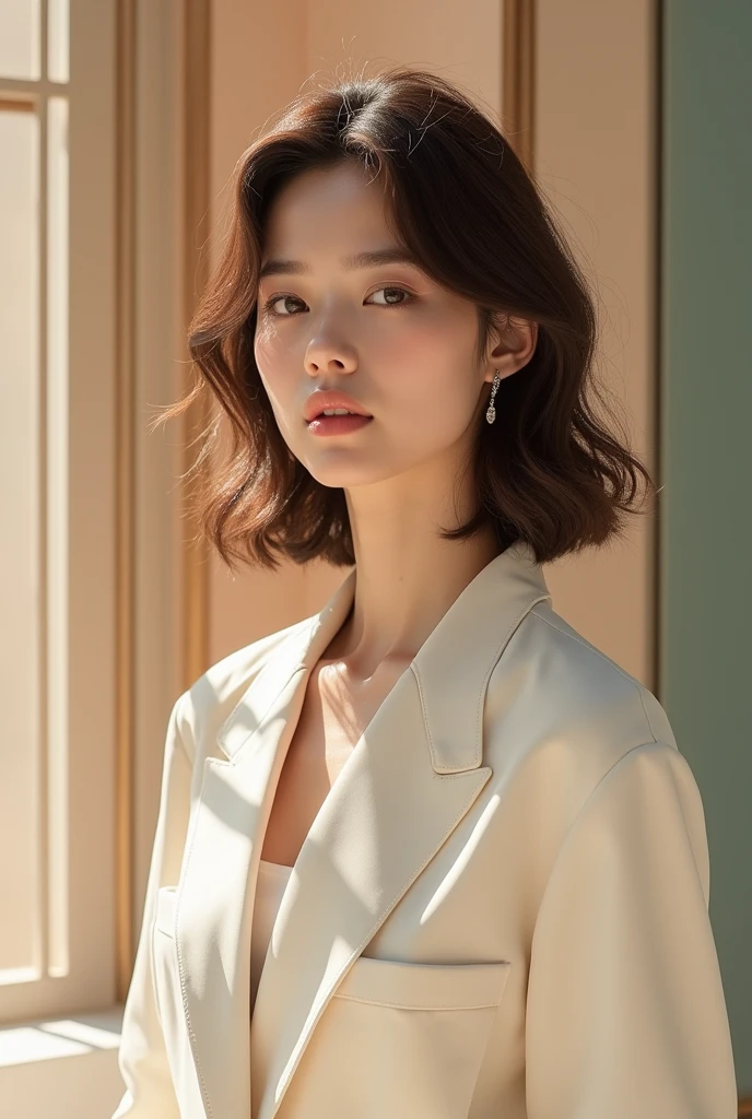 Front view,Close up of (((Masamisuno))),(in 8K, top-quality, ​masterpiece:1.3, high resolution, A hyper-realistic), high detailing,Lighting the face, best light, japanes，japanaese girl, Photo of a cute Japanese woman, Small necklace, Thin Silver Necklace, simple background, wear suit, Casual pose, Short hair swaying in the wind