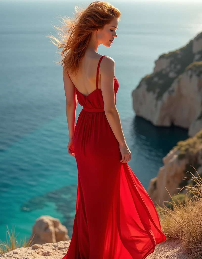 Wearing red dress. redhead. Bathed in the soft glow of the morning sun, the brunette influencer stands at the edge of a rocky cliff overlooking the azure waters of the Aegean Sea. With her hair tousled by the gentle sea breeze and the hem of her flowing red dress billowing around her, she strikes a pose of serene beauty, her gaze fixed on the horizon as the golden light of dawn illuminates the tranquil seascape behind her. Location: Mykonos, Greece. Slim fit body. F-Cup. Cleavage. Perfect face. Perfect fingers. Perfect hand. Perfect legs. Perfect feet. Tan skin color. Sexy pose. Sexy. Big round . Random camera angle. Empty hands.