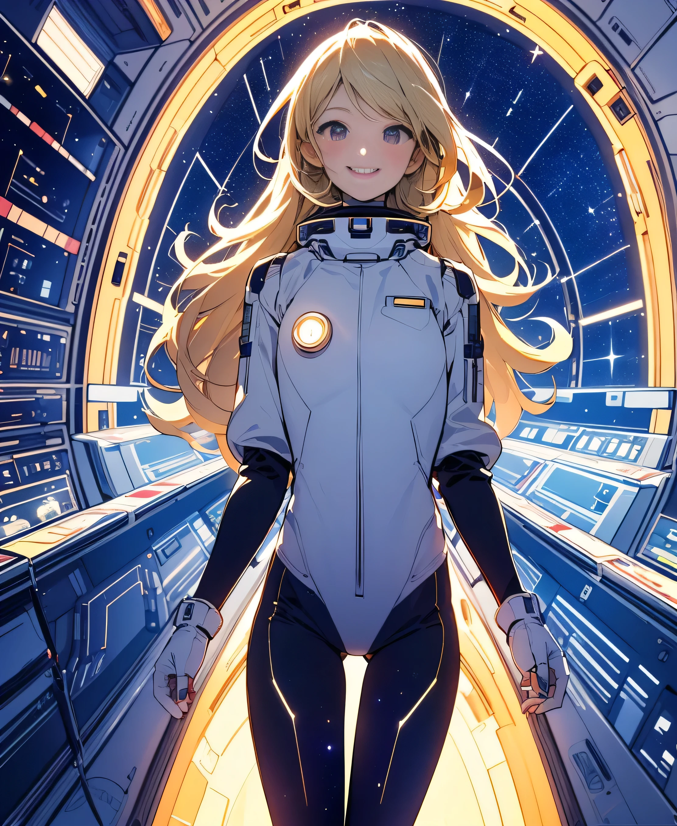 (masterpiece, Highest quality:1.2), (Cowboy Shot:1.1), alone, 1 person, mori yuki, smile, Mouth closed, Side view, Looking at the audience, Blonde, Long Hair, Thigh Gap, Navy blue bodysuit, Perfect for your skin, Perfect body, Large windows, (Spaceship porthole:1.3), (Spread your legs:1.3), (Are standing:1.1), Thigh Gap, stop temporarily, Side view, Perfect hands, The bright interior of a spaceship, (Space View:1.1), (Orbital View:1.3), (night, Starry Sky:1.5), milky way