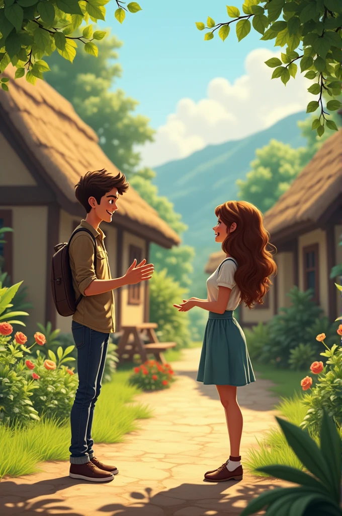 A young man confidently proposes to a young woman, boasting that his father is the 'biggest' man in the village. The scene is lighthearted, with the couple standing in a small, traditional village setting, surrounded by greenery and simple homes."