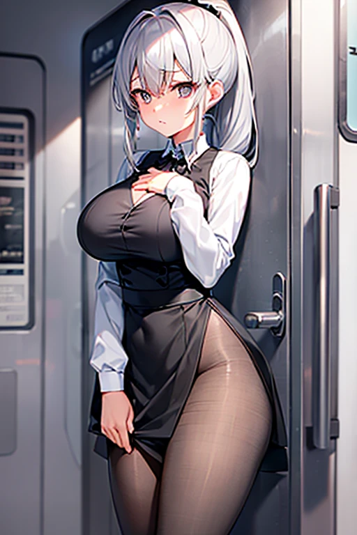 Big Breasts、Silver Hair、semi-long、ponytail、Black Pantyhose、Summer uniform、White Shirt、Gray mini skirt、Long, slender legs、Emphasize the chest、Shy face、crowded train、High resolution、masterpiece、Highest quality、High-resolution model