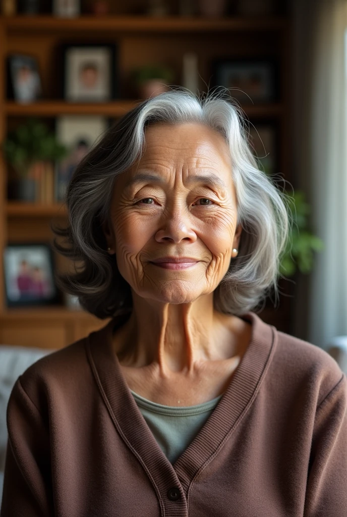 a mother,Brunetette, shoulder length gray hair, oval face ,dark brown eyes ,two moles near the ear on the left side of the face , 73 years old , kinda chubby , realism