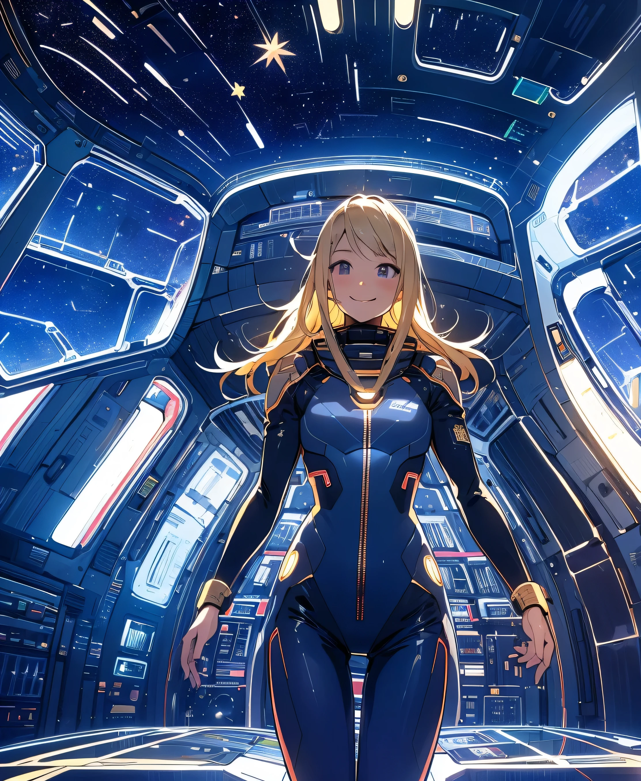 (masterpiece, Highest quality:1.2), (Cowboy Shot:1.1), alone, 1 person, mori yuki, smile, Mouth closed, Side view, Looking at the audience, Blonde, Long Hair, Thigh Gap, Navy blue bodysuit, Perfect for your skin, Perfect body, Large windows, (Spaceship porthole:1.3), (Spread your legs:1.3), (Are standing:1.1), Thigh Gap,  stop temporarily, Side view, Perfect hands, The bright interior of a spaceship, (Space View:1.1), (Orbital View:1.3), (night, Starry Sky:1.5), milky way