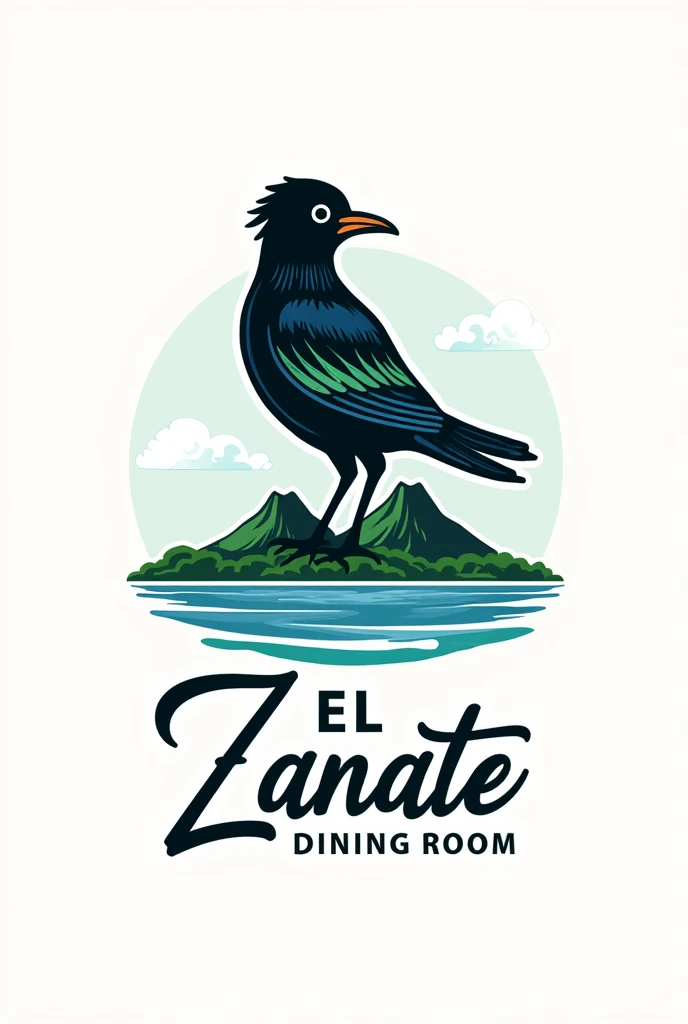 Create a unique logo with: "El Zanate dining room workshop" ( the zanate is a black bird of Nicaraguan origin) and with a dining workshop in Spanish and at the bottom of the zanate an island with 2 volcanoes ( Ometepe Island in Nicaragua)but make it beautiful and memorable with original and unique colors