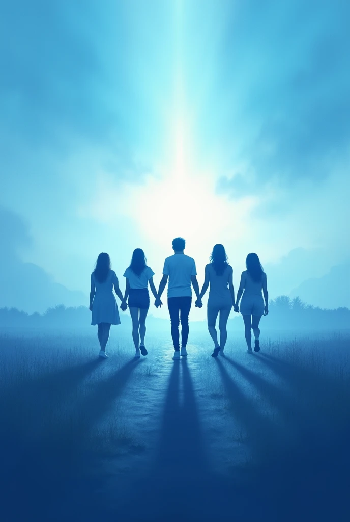 I want a pic of a girl leadening small group of people by holding hands to a bright future and dont show any face its should behind pic, and pic should allign with caption bold step to bright future and caption should be written in pic too and make it in blue colot shades add make a people older as twenties and some in the light show cinfident victiry wisdom and i wand many people so can make the pic little far and write caption