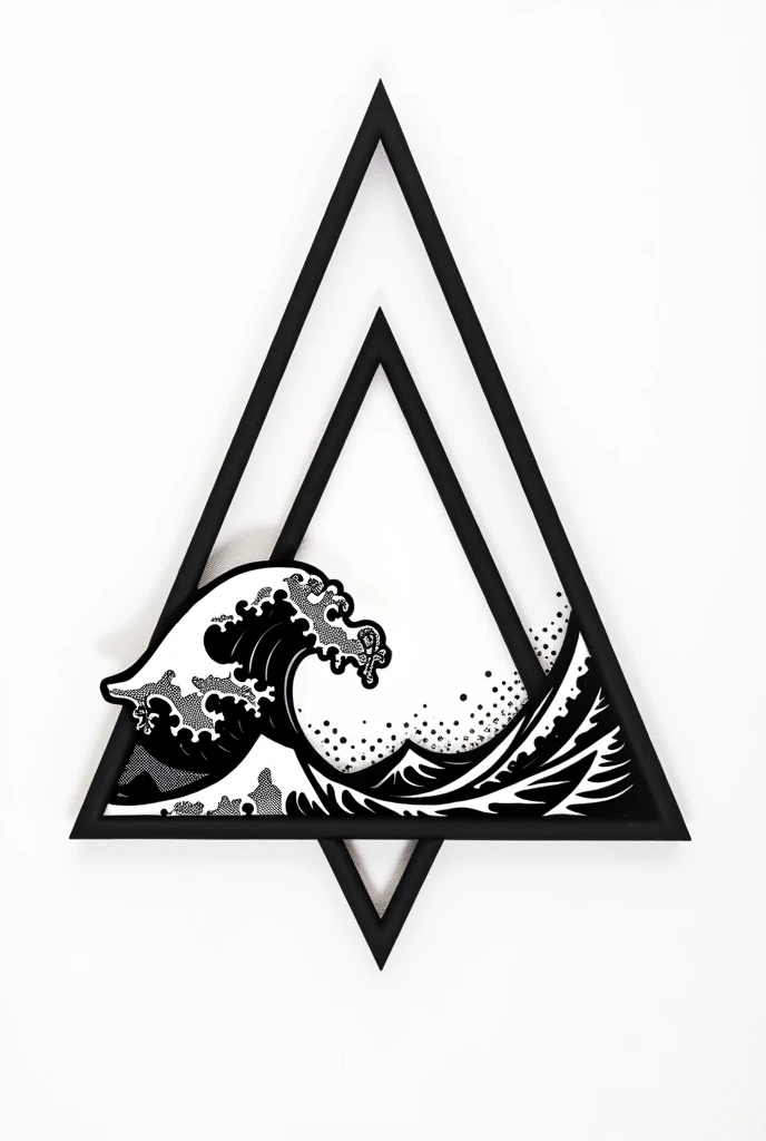 A blackwork and dotwork style tattoo sticker of a triangle with a sea wave inside