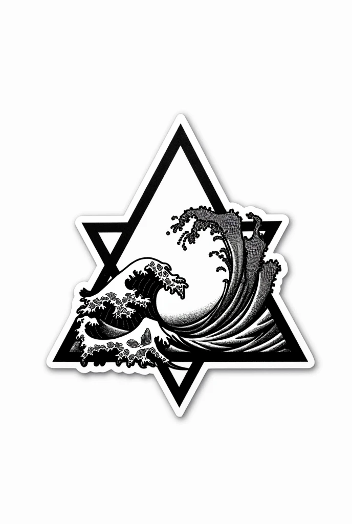 A blackwork and dotwork style tattoo sticker of a triangle with a sea wave inside