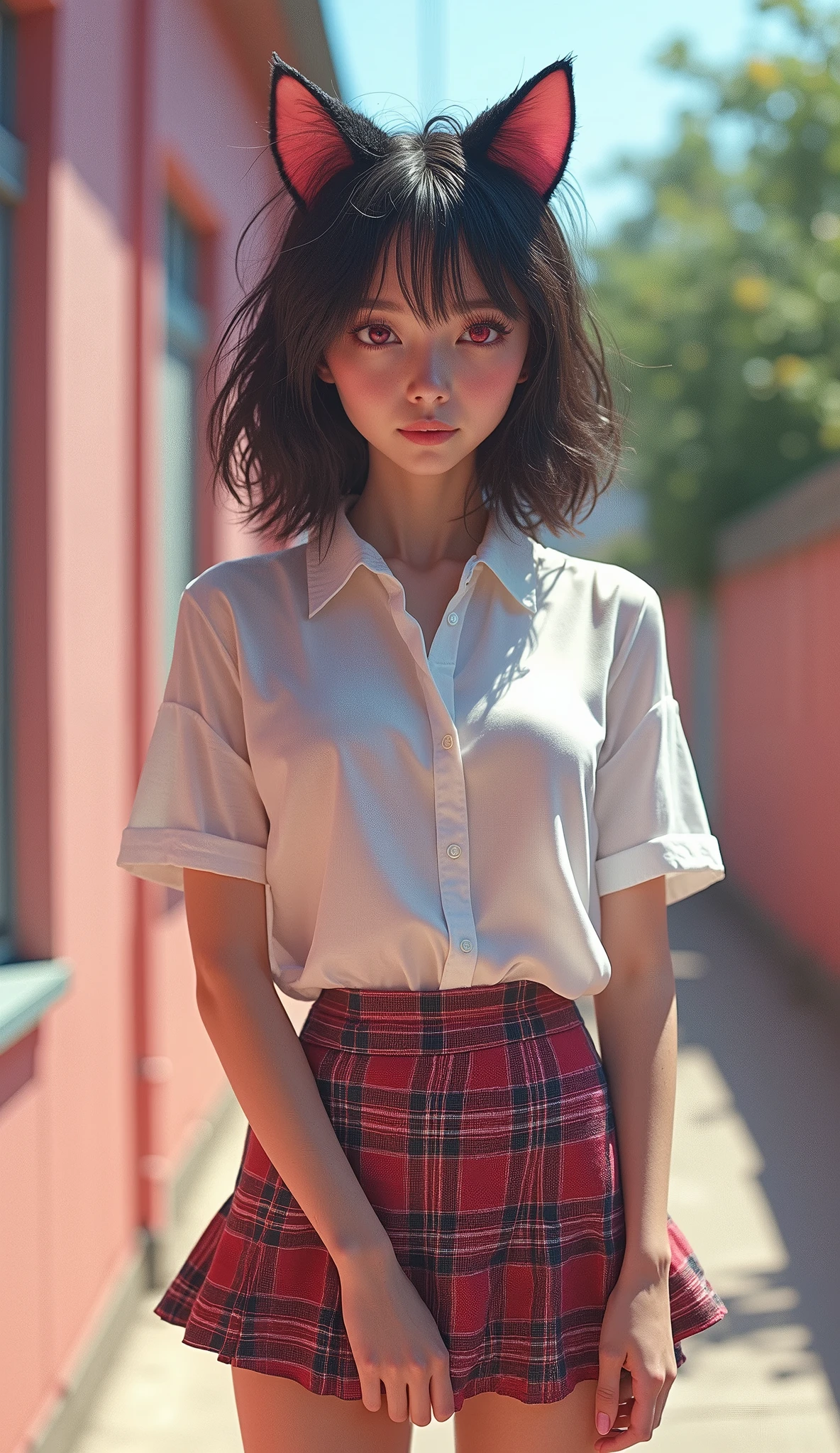 (((There is one girl:1.5))),Waifu E-girl, Cat Ears, Cat Tail, ((Glowing-Pink-Eyes)),(((A tall high school girl with a model figure))),Perfect proportions,(Standing facing this),Full body photography,(wide thighs, Very long legs),Fleshy,Mid-chest,(((Cleavage))),Breast enlargement,swelling of the nipples,Unbutton your shirt,Loafer Asterpiece on the ground:1.3),((8k, Photorealistic:1.4)),((Surreal,RAW Photos, highest quality: 1.4)),((Ultra high definition,Super detailed)), Beautiful Face,((Realistic face),(Brown's shortcuts:1.3)),Short Hair,Disheveled Hair,Fluffy hair,Detailed eyes,Realistic beautiful skin,Golden Ratio,Super cute,Open your mouth a little,smile,High school girl in summer clothes,White shirt,Sweaty,Wetty,(Wet shirt),See-through shirt,Light clothing,Surreal school girl,pleated micro mini skirt,Checkered micro mini skirt,Pleated miniskirt with tartan check,((I can see your panties!!)),pantyhose,(Black Stockings),((Knee-high stockings)),loafers,Esbian all over,High school girl wearing JK uniform,Sexy pose,Anatomically accurate body,Precisely drawn fingers,