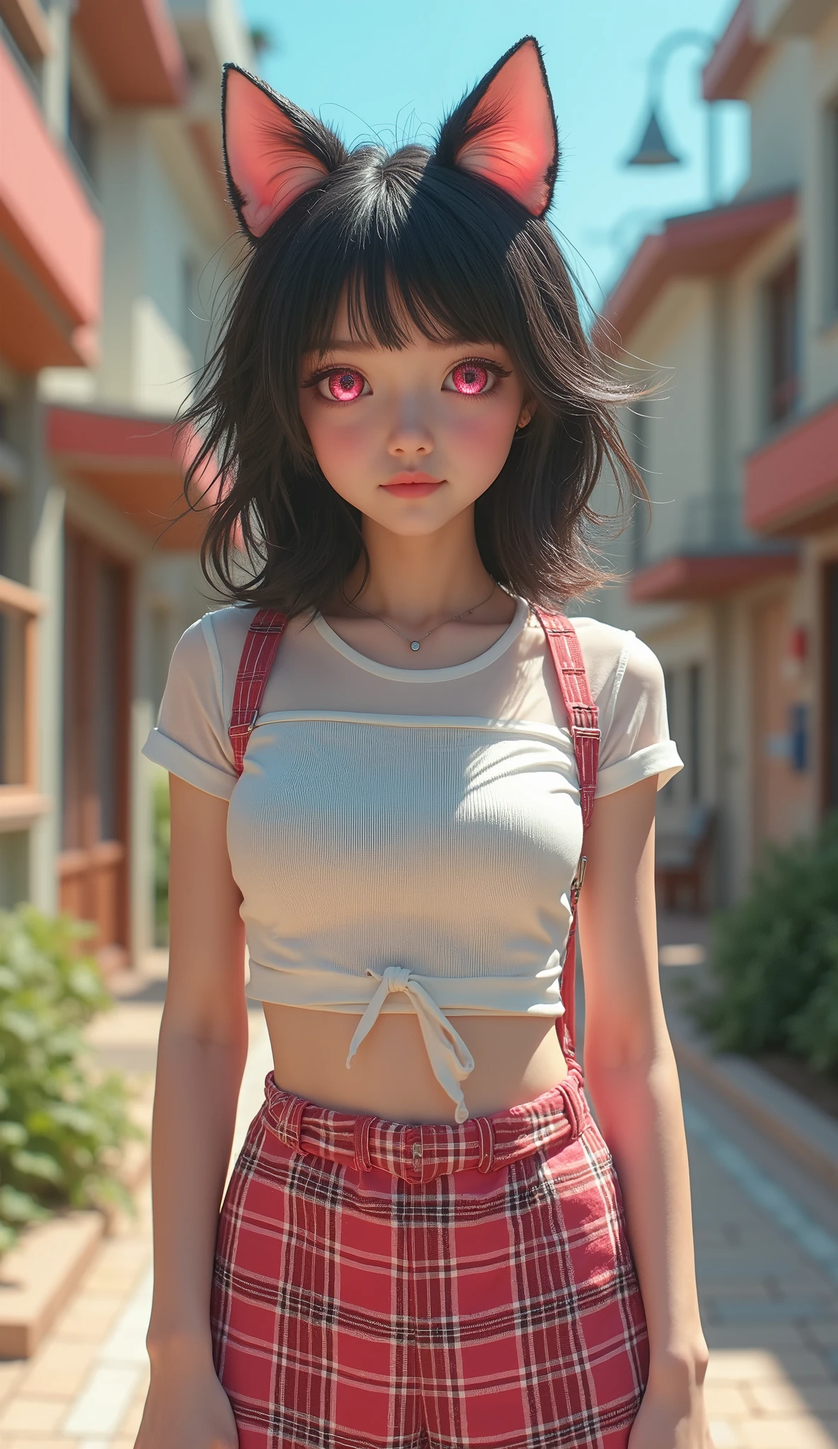 (((There is one girl:1.5)))，Waifu  E-girl, Cat Ears, Cat Tail, ((Glowing-Pink-Eyes))，(((A tall high school girl with a model figure)))，Perfect proportions，(Standing facing this)，Full body photography，(wide thighs, Very long legs)，Fleshy，Mid-chest，(((Cleavage)))，Breast enlargement，swelling of the nipples，Unbutton your shirt，Loafer Asterpiece on the ground:1.3)，((8k, Photorealistic:1.4))，((Surreal，RAW Photos, highest quality: 1.4))，((Ultra high definition，Super detailed)), Beautiful Face，((Realistic face)，(Brown's shortcuts:1.3))，Short Hair，Disheveled Hair，Fluffy hair，Detailed eyes，Realistic beautiful skin，Golden Ratio，Super cute，Open your mouth a little，smile，High school girl in summer clothes，White shirt，Sweaty，Wetty，(Wet shirt)，See-through shirt，Light clothing，Surreal school girl，pleated micro mini skirt，Checkered micro mini skirt，Pleated miniskirt with tartan check，((I can see your panties！！))，pantyhose，(Black Stockings)，((Knee-high stockings))，loafers，Esbian all over，High school girl wearing JK uniform，Sexy pose，Anatomically accurate body，Precisely drawn fingers，