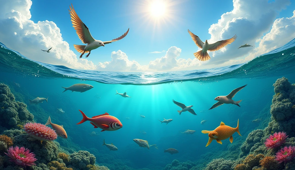 Creation of the Sea Animals and Birds: A vibrant underwater scene with fish of various colors and shapes swimming, while above, majestic birds fly through the sky.