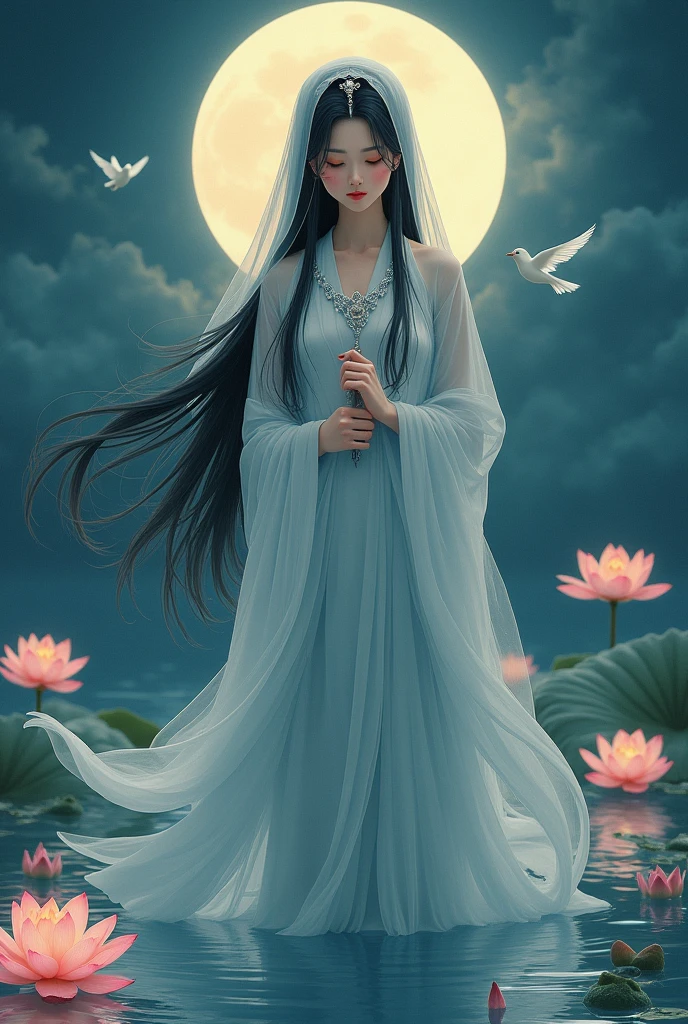 (masterpiece,Highest quality,,8k,High resolution),One female,,Beautiful Face,Beautiful Face,Beautiful eyes,Beautiful lips,Compassionate Mother Kannon,Black Hair,look back,,Wave,,Standing on the surface of the water,,flower,bird,,moon,,jewelry,Holding,Long sleeve,Veil,necklace,Lotus,Long Hair,dress,(whole body),Highly detailed CG,