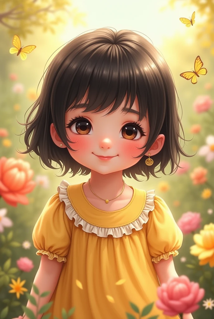 create the image of the beautiful baby with black hair , dark shaped eyes, pink lips, She's wearing a yellow dress